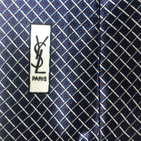 Yves Saint Laurent YSL Paris Tie 100% Silk Handmade Blue Geometric Grid Pattern - Picture 7 of 9